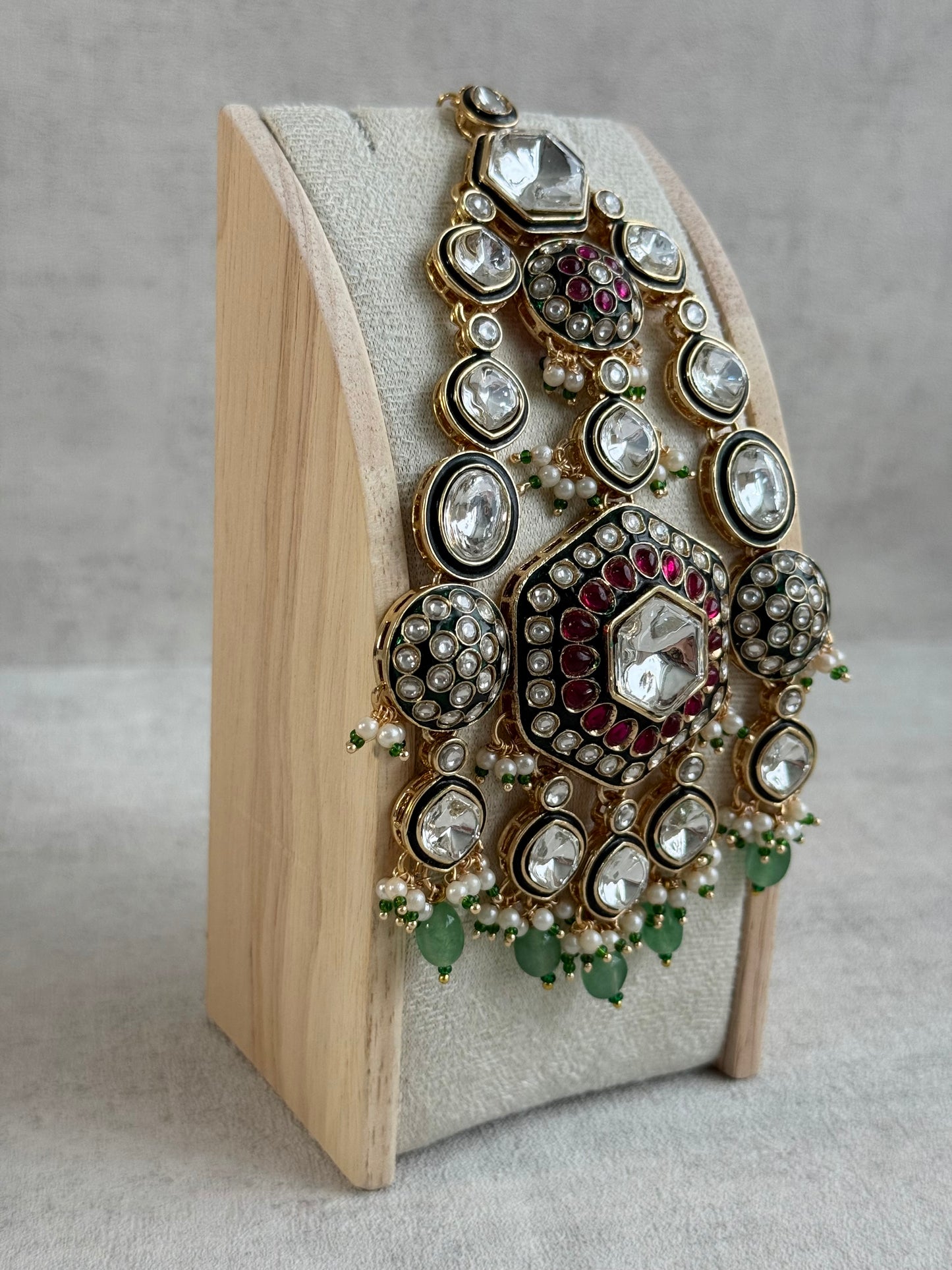 Ayura Designs Visha Jhoomar Passa – Polki Kundan with Ruby Pink Stones, Jade Green Drops & Pearl Detailing