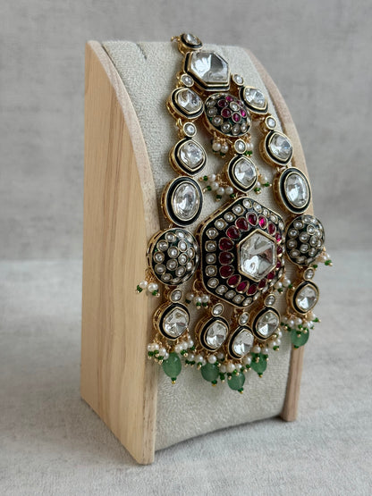Ayura Designs Visha Jhoomar Passa – Polki Kundan with Ruby Pink Stones, Jade Green Drops & Pearl Detailing