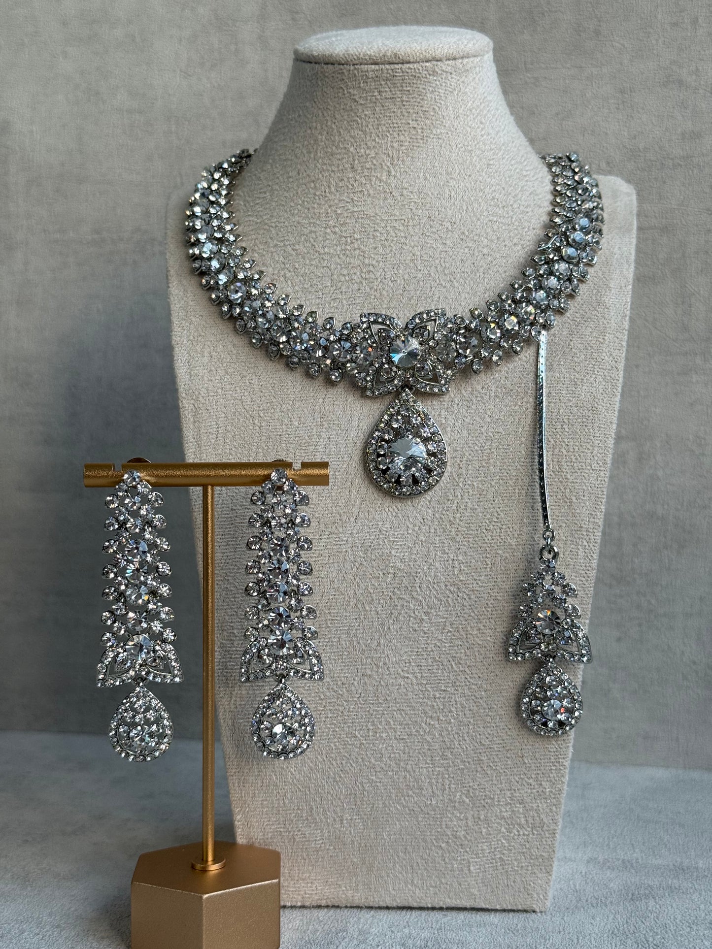 Ayura Designs Falaq Set with Necklace, Earrings & Tikka – Silver Finish with Diamond-Cut Crystals
