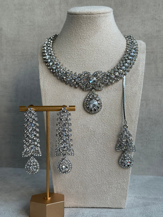 Ayura Designs Falaq Set with Necklace, Earrings & Tikka – Silver Finish with Diamond-Cut Crystals