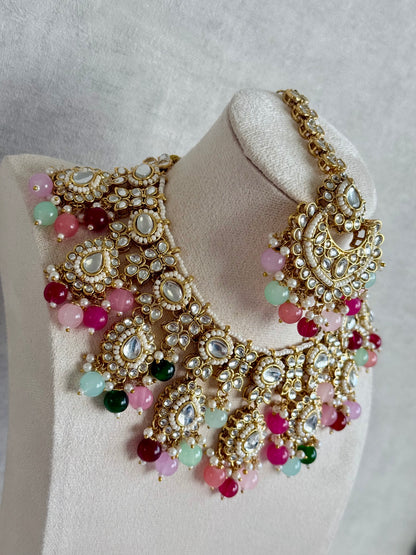 Ayura Designs Iyla Set with Necklace, Earrings & Tikka – Kundan Detailing, Ivory Pearl Drops & Multicolour Beads