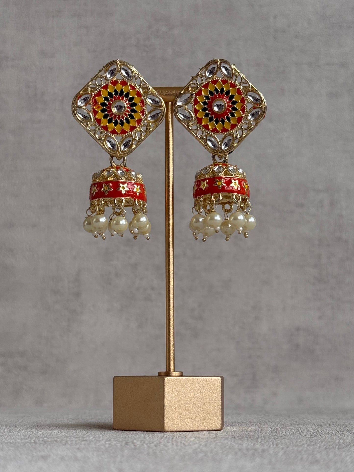 Ayura Designs Rangoli Jhumkis – Marigold Yellow, Ruby Red & Green Meenakari with Pearl Drops in Antique Gold Finish