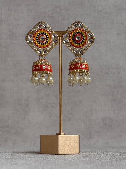 Ayura Designs Rangoli Jhumkis – Marigold Yellow, Ruby Red & Green Meenakari with Pearl Drops in Antique Gold Finish