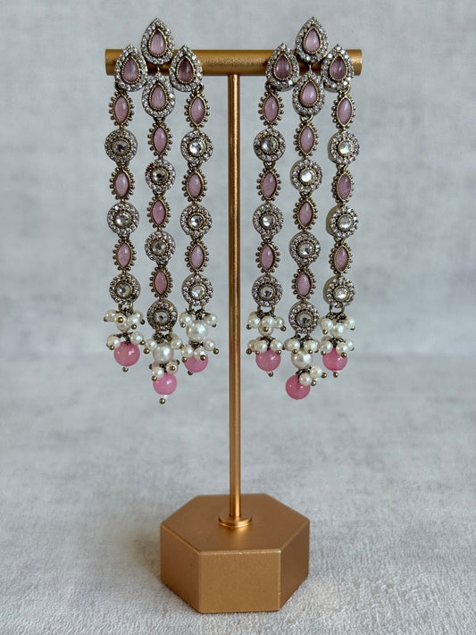 Ayura Designs Emilia Earrings – Gold Triple Strand Statement Earrings with Blush Pink Stones & Pearl Drops