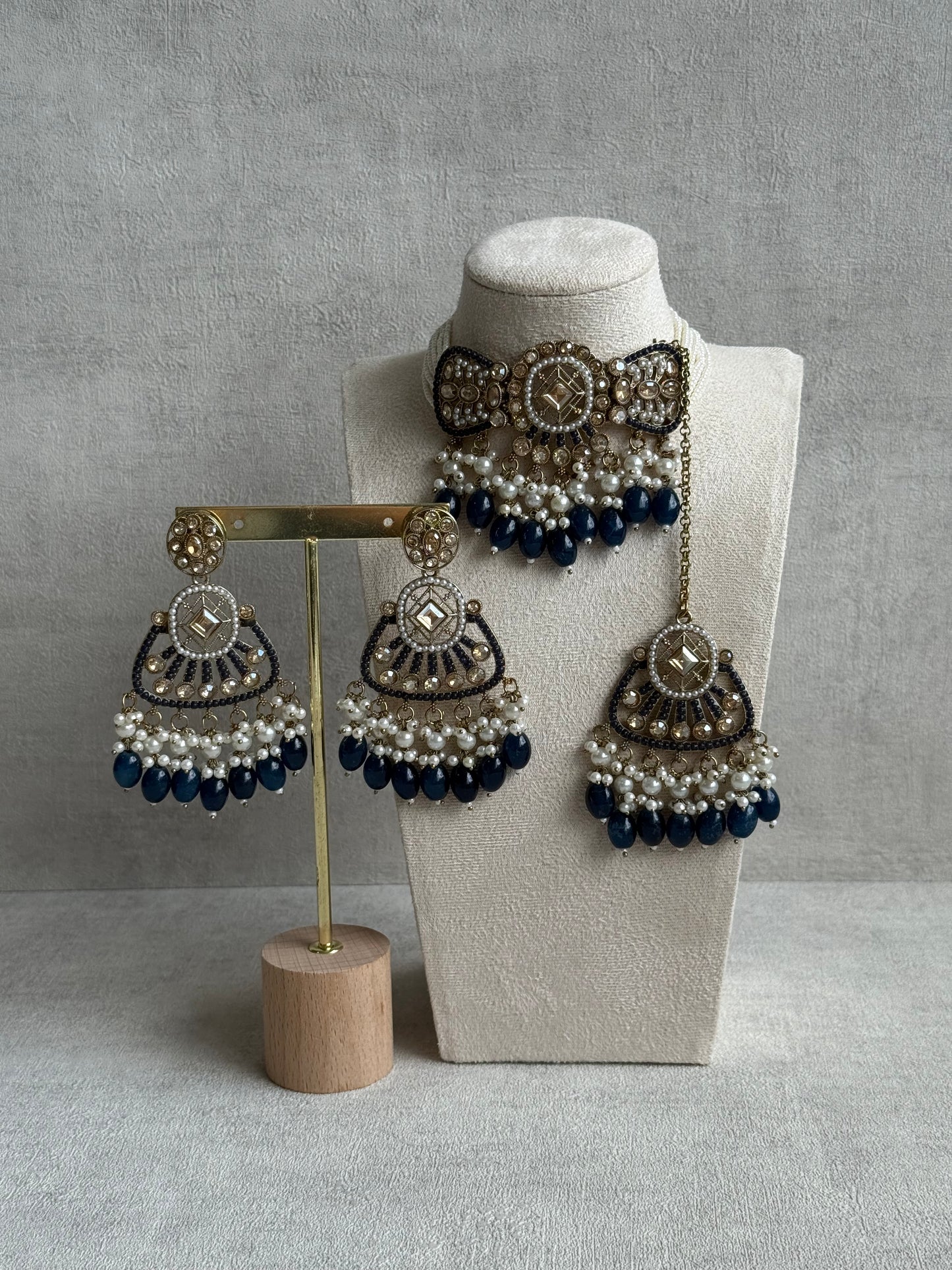 Ayura Designs Qudsia Set with Necklace, Earrings & Tikka – Navy Blue Stones, Kundan Detailing & Antique Gold Finish