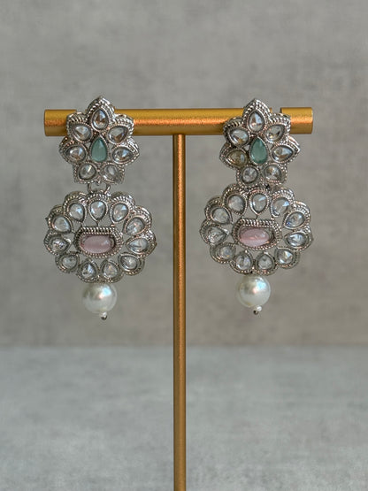 Ayura Designs Sumbul Set with Necklace, Earrings & Tikka – Mint & Blush Stones, Mirror-Cut Accents & Pearl Drops
