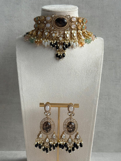 Ayura Designs Poppy Choker Set with Statement Earrings – Smoky Stone Centre with Pastel Beads, Pearls and Black Drops