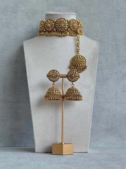Ayura Designs Nawabi Choker Set with Jhumkis & Tikka – Traditional Gold Tone Bridal Choker with Floral Motifs & Ghungroo Detailing