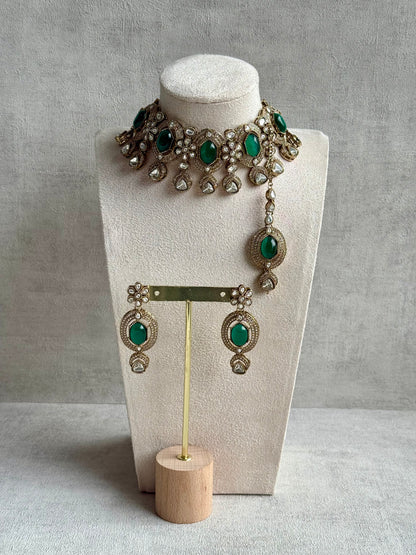 Ayura Designs Emanya Choker Set – Choker, Earrings & Tikka with Mirror-Cut Stones, Emerald Green & Antique Gold Detailing