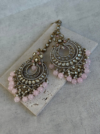 Ayura Designs Rabia Chandbalis – Antique Gold Kundan Earrings with Blush Pink Beads, Pearls & Attached Sahare