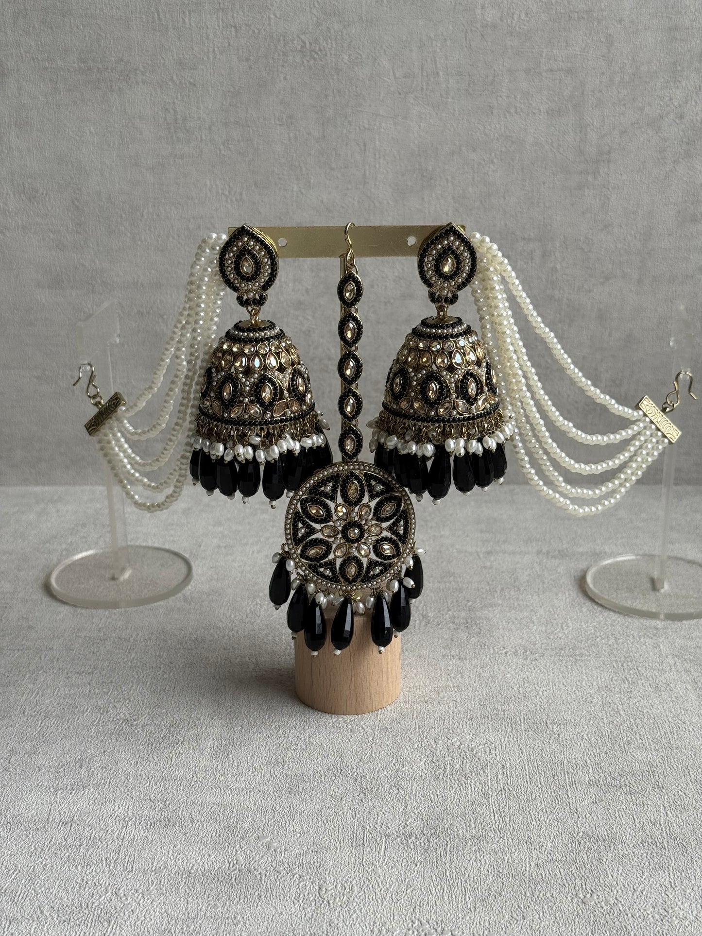 Ayura Designs Amrita Set – Jhumkis with Sahare & Tikka in Black, Pearls and Antique Gold Finish