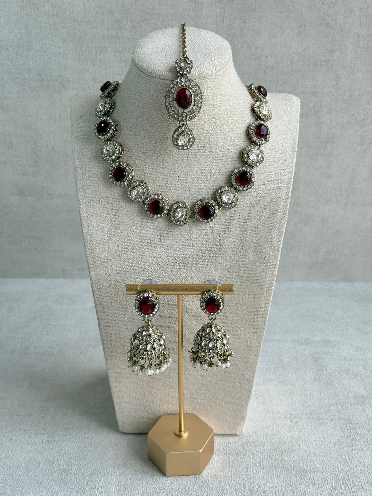 Ayura Designs Eira Necklace Set with Earrings & Tikka – Ruby Red & Crystal Stones with Antique Gold Finish
