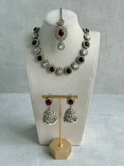Ayura Designs Eira Necklace Set with Earrings & Tikka – Ruby Red & Crystal Stones with Antique Gold Finish