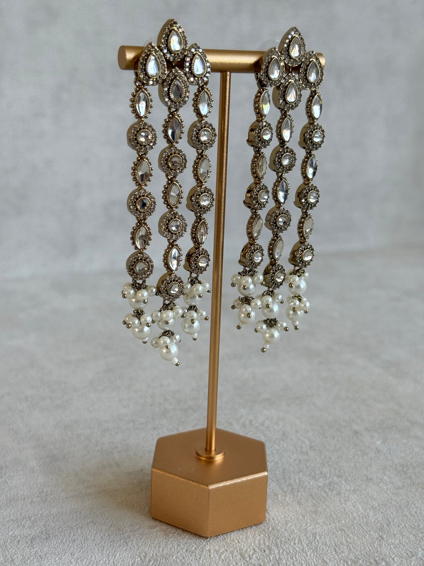 Ayura Designs Emilia Earrings – Gold Triple Strand Statement Earrings with Crystal Stones & Pearl Drops