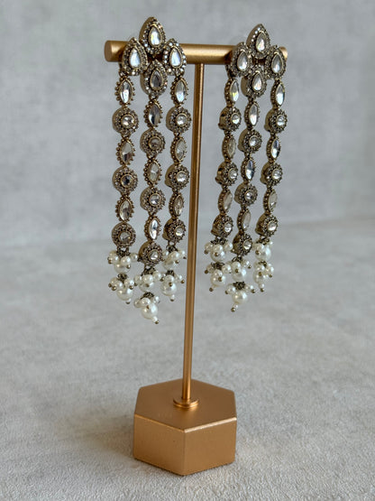 Ayura Designs Emilia Earrings – Gold Triple Strand Statement Earrings with Crystal Stones & Pearl Drops
