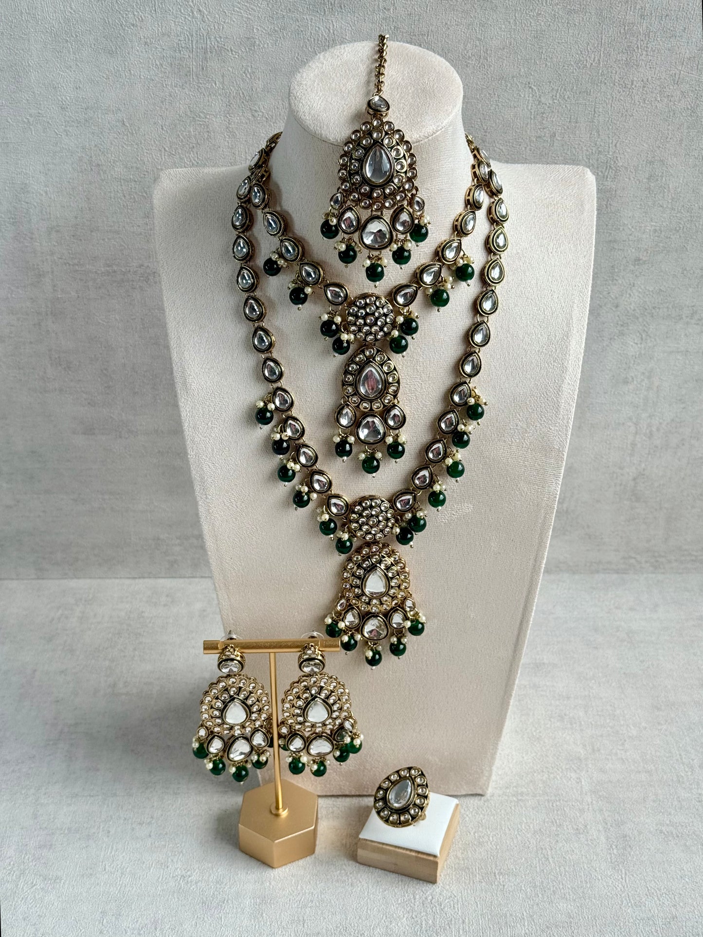 Ayura Designs Kalika Set with Necklace, Earrings, Tikka & Ring – Polki-Style Stones with Antique Green Enamel Detailing, Emerald Green Beads & Pearl Drops