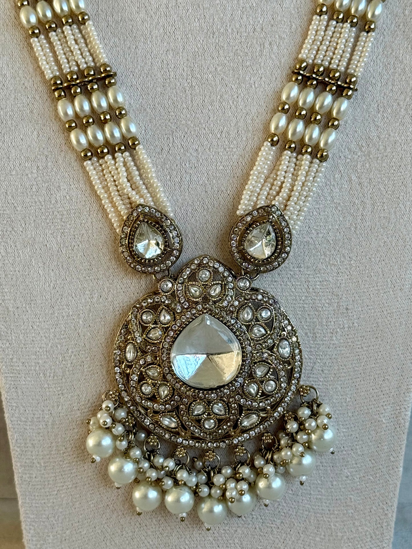 Ayura Designs Brielle Set – Necklace & Jhumkis with Mirror-Cut Stones & Ivory Pearls
