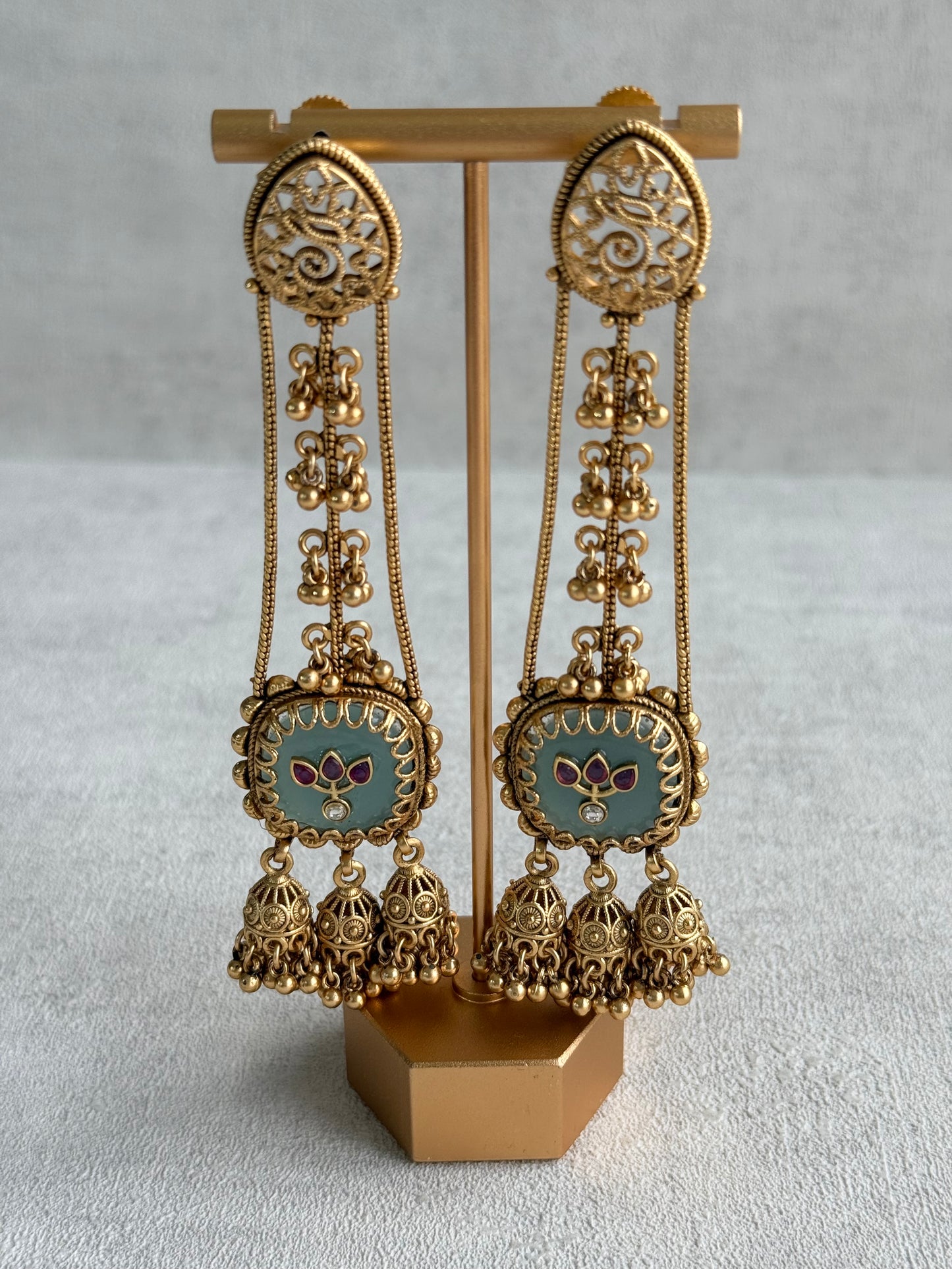 Ayura Designs Ihana Earrings – Mint Green Enamel with Pink Kundan, Ghungroo & Jhumki Detailing