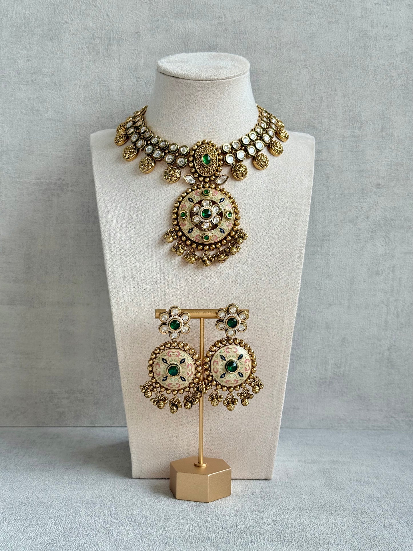 Ayura Designs Zayna Set with Necklace & Earrings – Ivory Meenakari with Emerald Green Stones