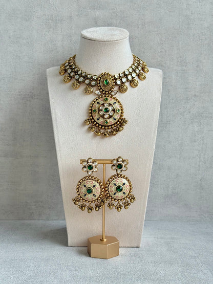 Ayura Designs Zayna Set with Necklace & Earrings – Ivory Meenakari with Emerald Green Stones