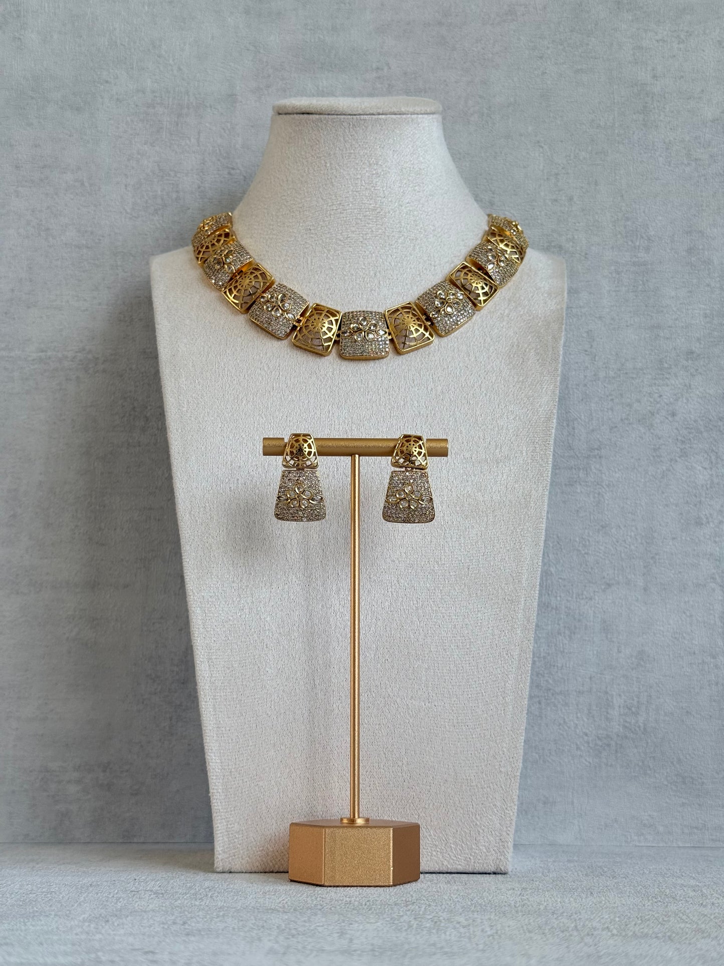 Ayura Designs Vibha Necklace & Stud Earrings Set – Gold Floral Statement Design with Crystal Detailing