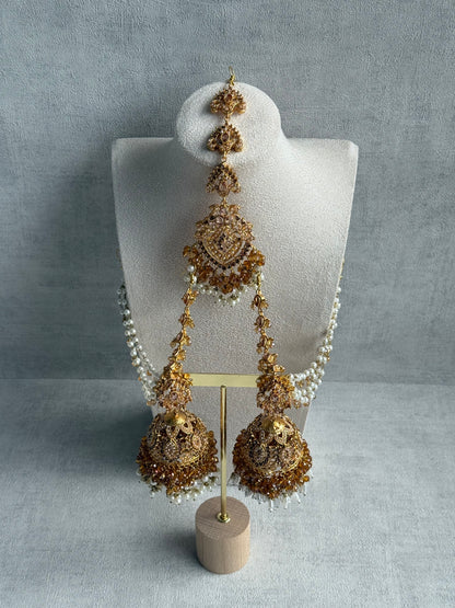 Ayura Designs Safia Tikka Set with Sahare Earrings – Champagne Gold Beads & Pearls