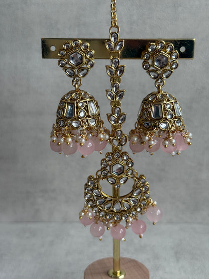 Ayura Designs Shaheen Set with Jhumkis & Tikka – Blush Pink Beads, Mirror Kundan & Gold Finish