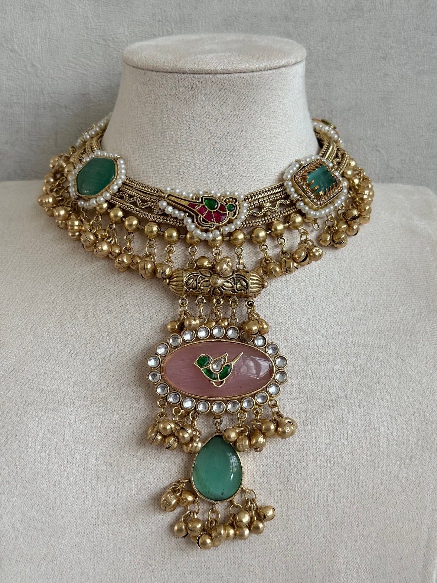 Ayura Designs Ahista Necklace Set with Earrings – Statement Pendant Necklace with Pink & Aqua Green Cat Eye Stones, Pearl Detailing & Ghungroo Accents