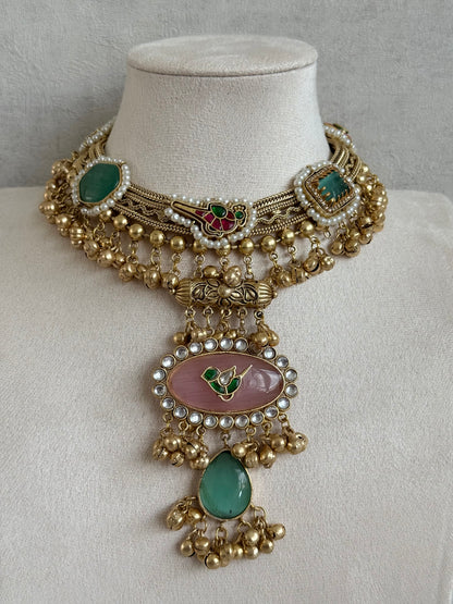 Ayura Designs Ahista Necklace Set with Earrings – Statement Pendant Necklace with Pink & Aqua Green Cat Eye Stones, Pearl Detailing & Ghungroo Accents
