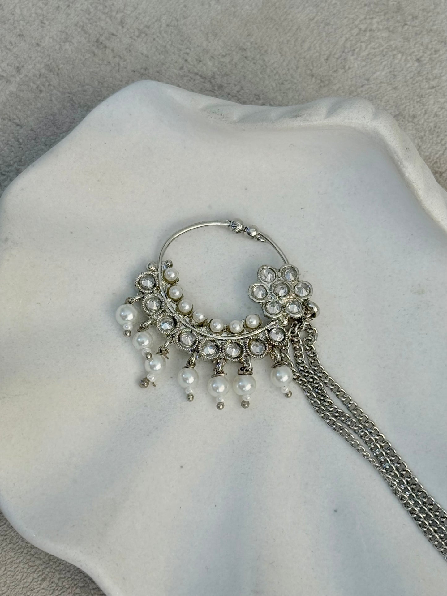 Ayura Designs Kasu Nath – Silver Nath with Pearl Drops, Crystal Detailing & Layered Chain Design