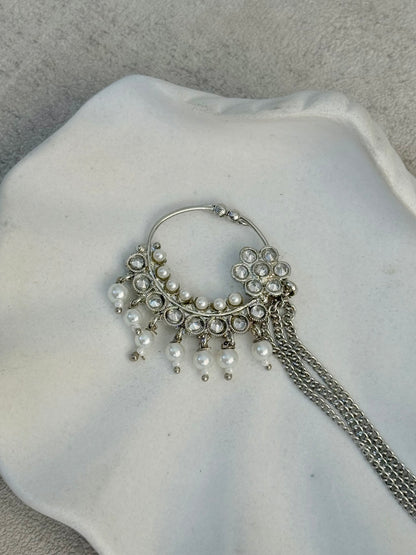 Ayura Designs Kasu Nath – Silver Nath with Pearl Drops, Crystal Detailing & Layered Chain Design