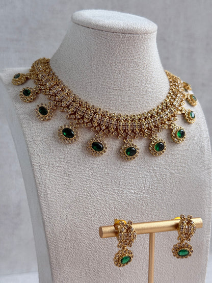 Ayura Designs Elisha Necklace Set with Earrings – Emerald Green & Crystal Stone Detailing