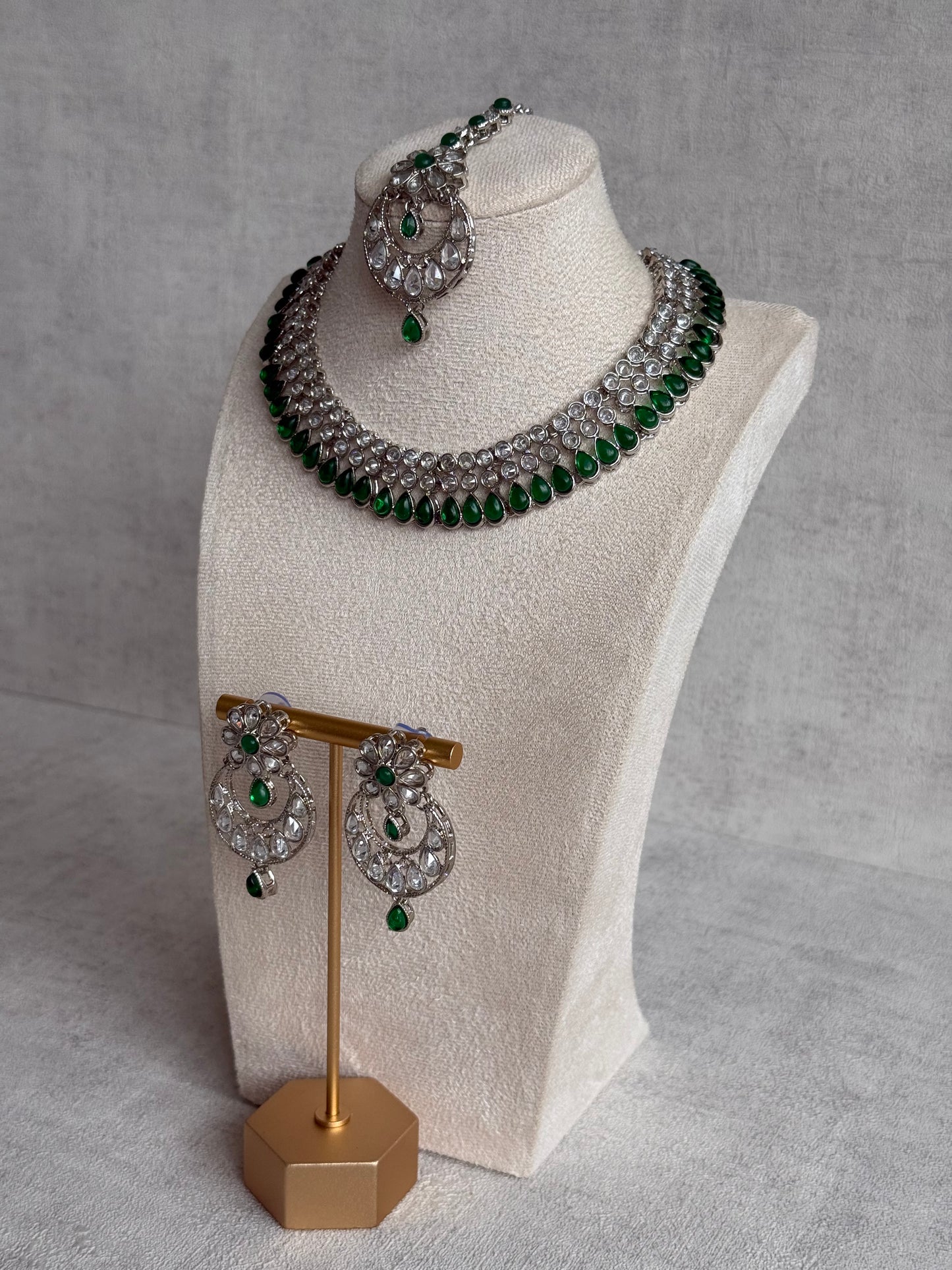 Ayura Designs Qirat Set with Necklace, Earrings & Tikka – Mirror-Cut Stones with Emerald Green Detailing in Silver Finish