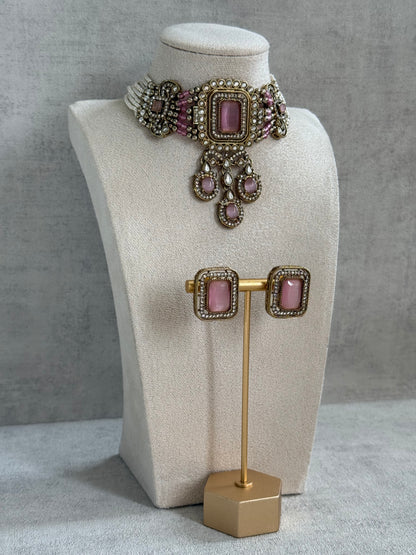 Ayura Designs Nabiha Choker Set with Studs – Blush Pink Stones, Pearl Detailing & Antique Gold Finish