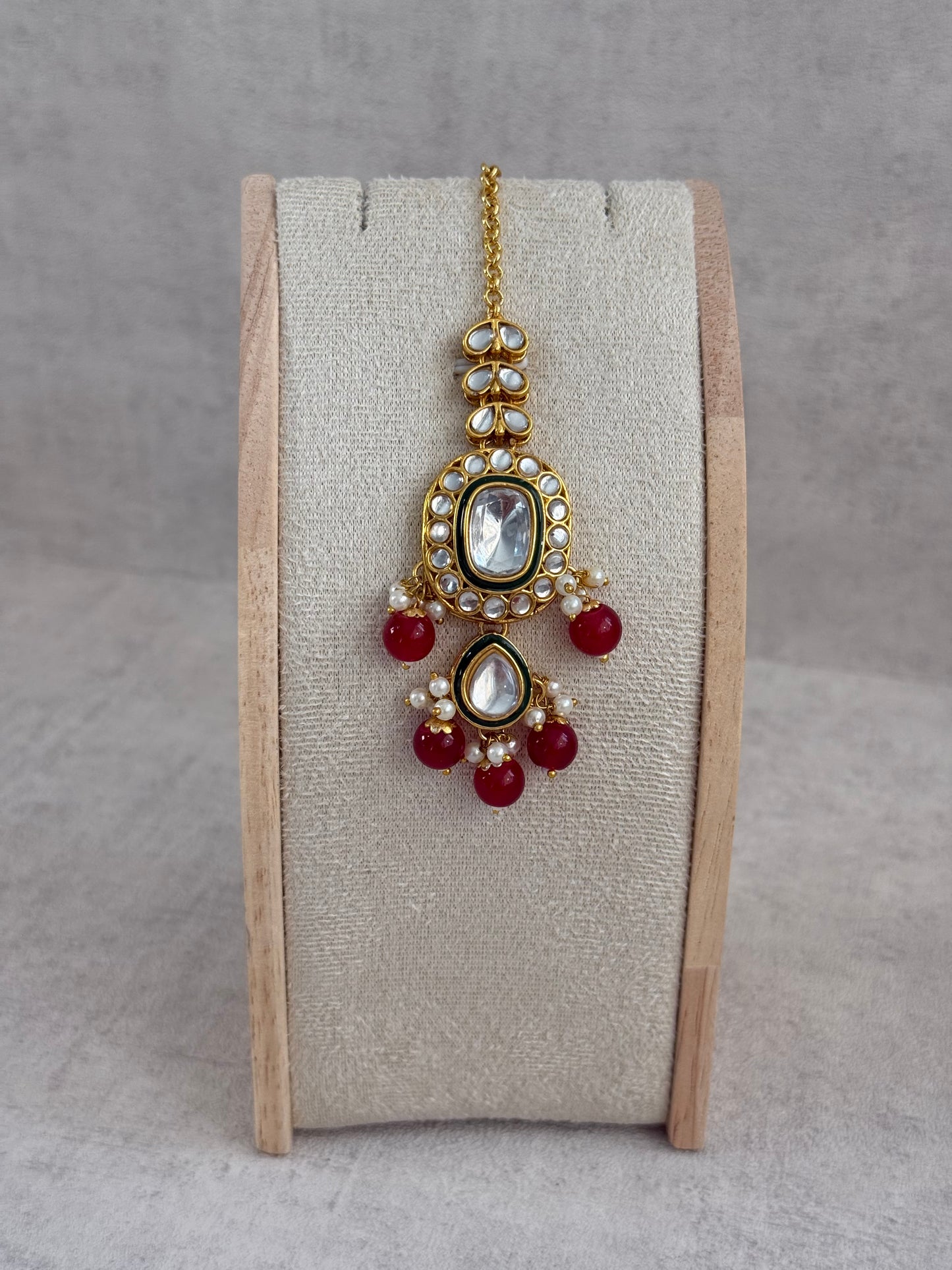 Ayura Designs Jashan Set with Necklace, Earrings, Tikka & Passa – Kundan Detailing, Pearl Drops & Ruby Red Beads