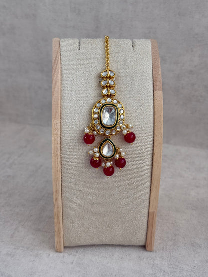 Ayura Designs Jashan Set with Necklace, Earrings, Tikka & Passa – Kundan Detailing, Pearl Drops & Ruby Red Beads