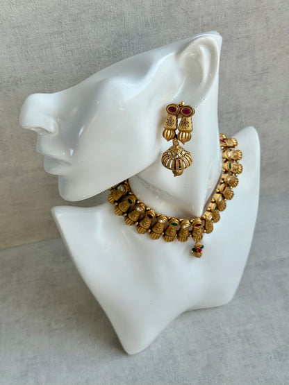 Ayura Designs Aima Necklace Set with Earrings – Antique Gold with Rani Pink & Emerald Green Stones