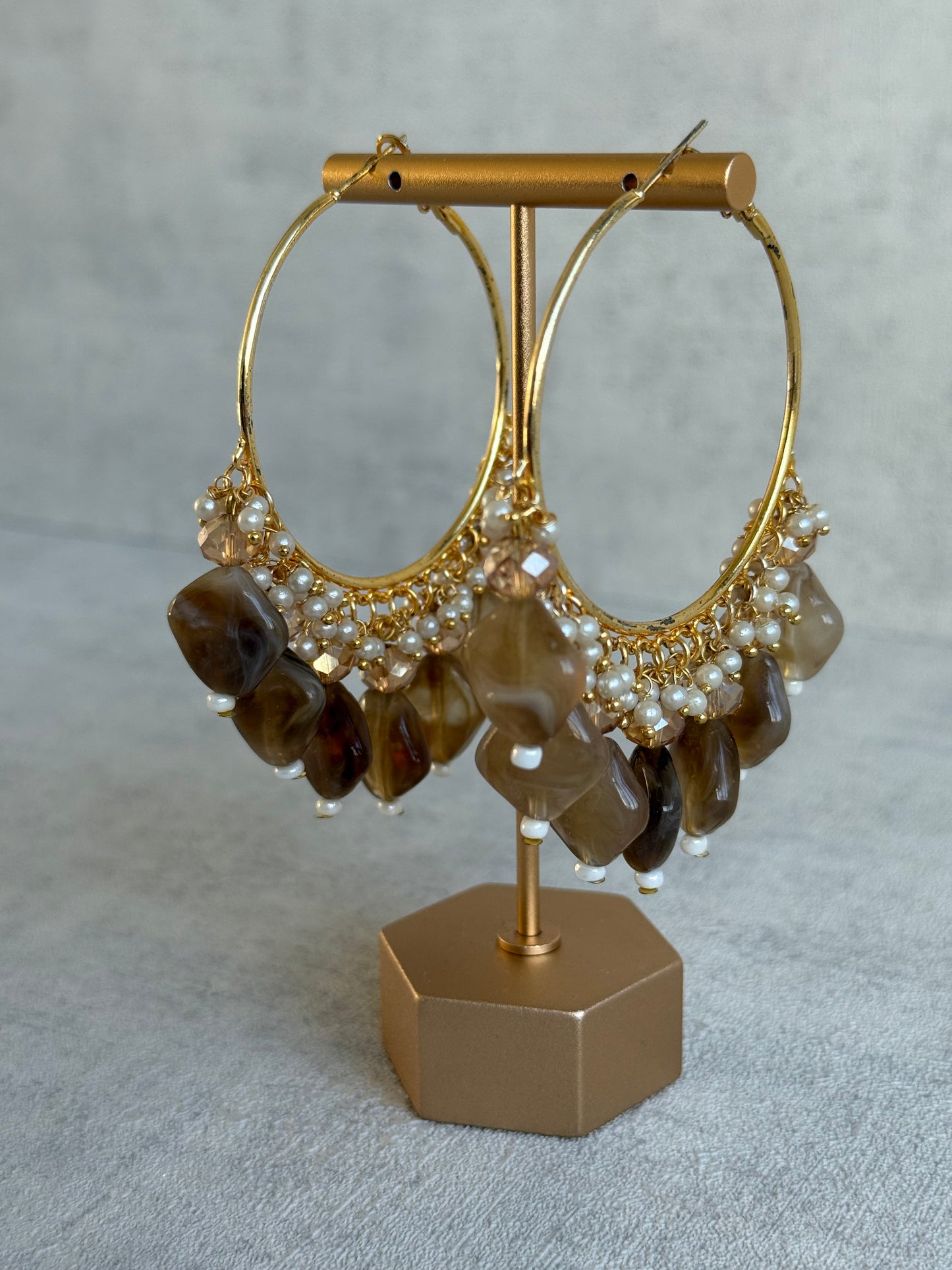 Ayura Designs Heer Balis – Gold Hoops with Mocha Marble Beads, Pearls & Crystal Detailing