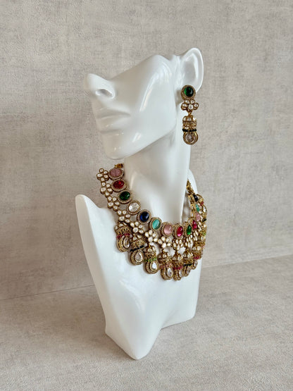 Ayura Designs Imara Set with Necklace & Jhumkis – Multicolour Stones with Kundan Detailing & Crystal Drop