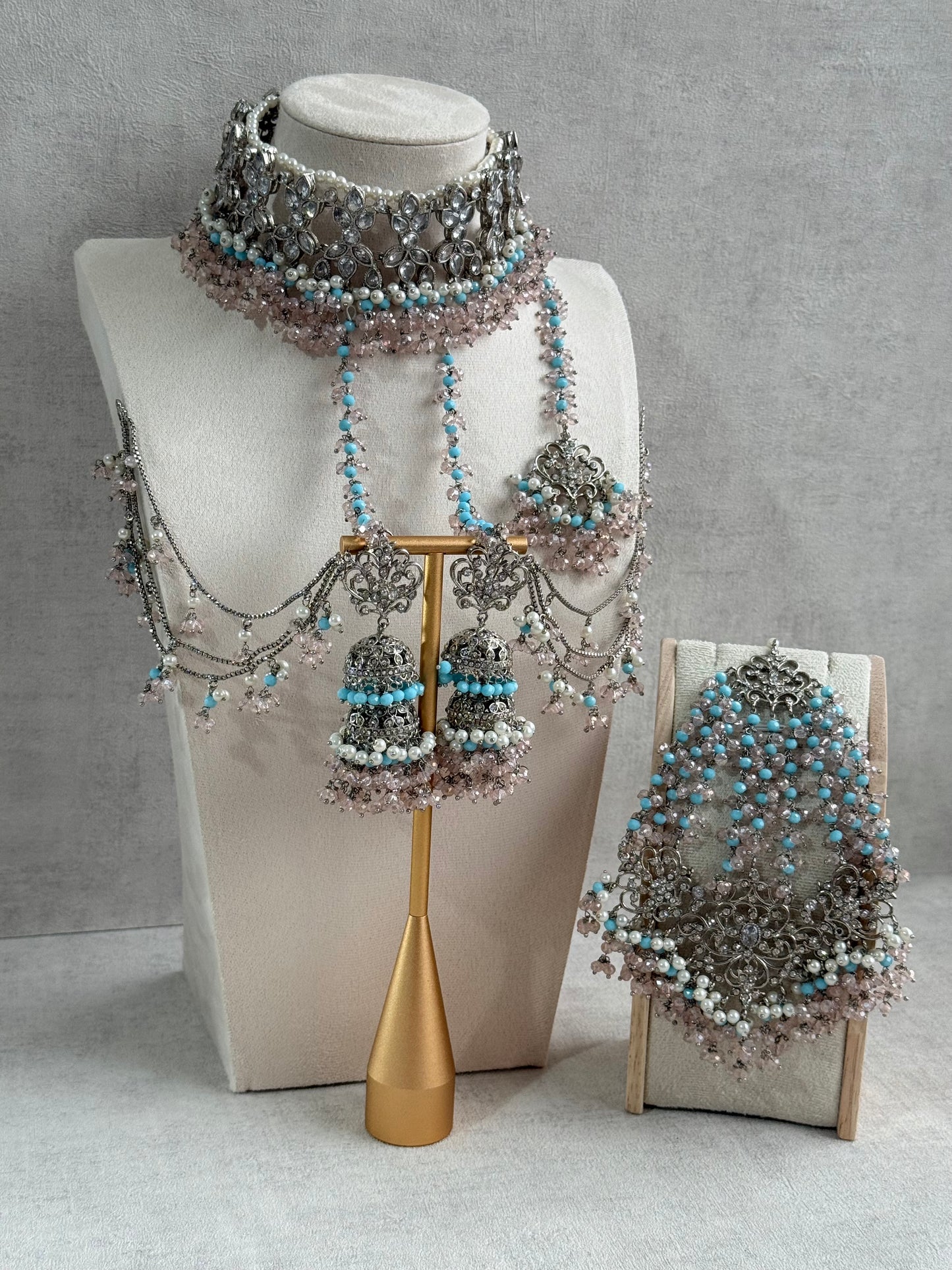 Ayura Designs Arasi Set with Choker, Passa, Tikka & Sahare Jhumkis – Antique Silver with Blush Pink Crystals, Aqua Blue Beads & Ivory Pearls