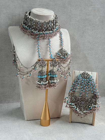 Ayura Designs Arasi Set with Choker, Passa, Tikka & Sahare Jhumkis – Antique Silver with Blush Pink Crystals, Aqua Blue Beads & Ivory Pearls