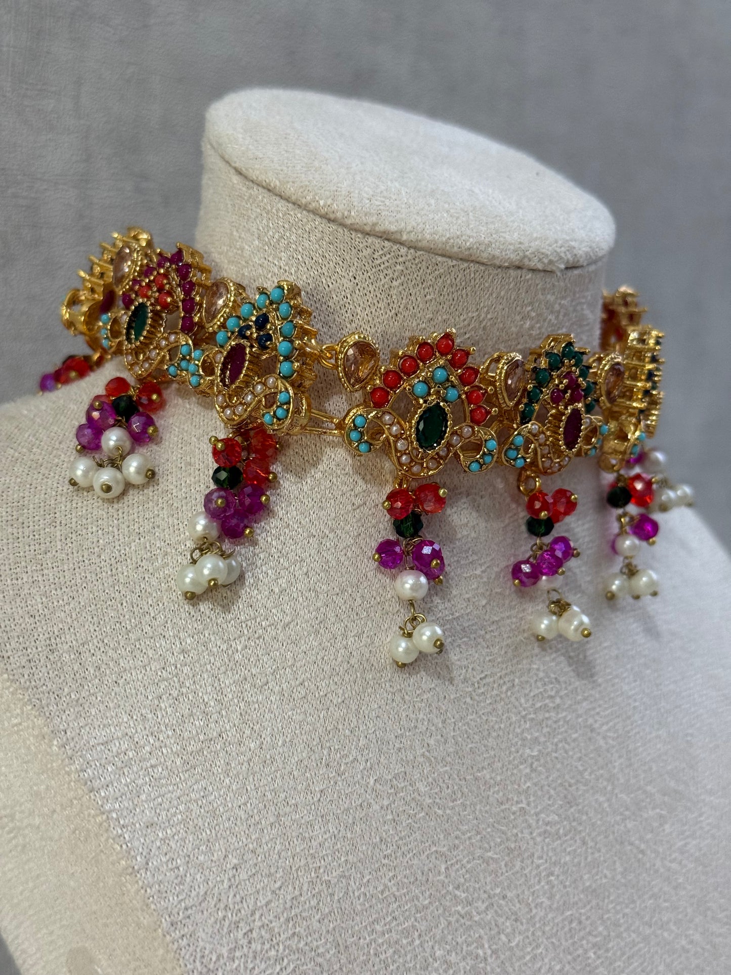 Ayura Designs Noor Set – Choker, Jhumkis with Sahare & Tikka in Multicolour with Pearl Detailing