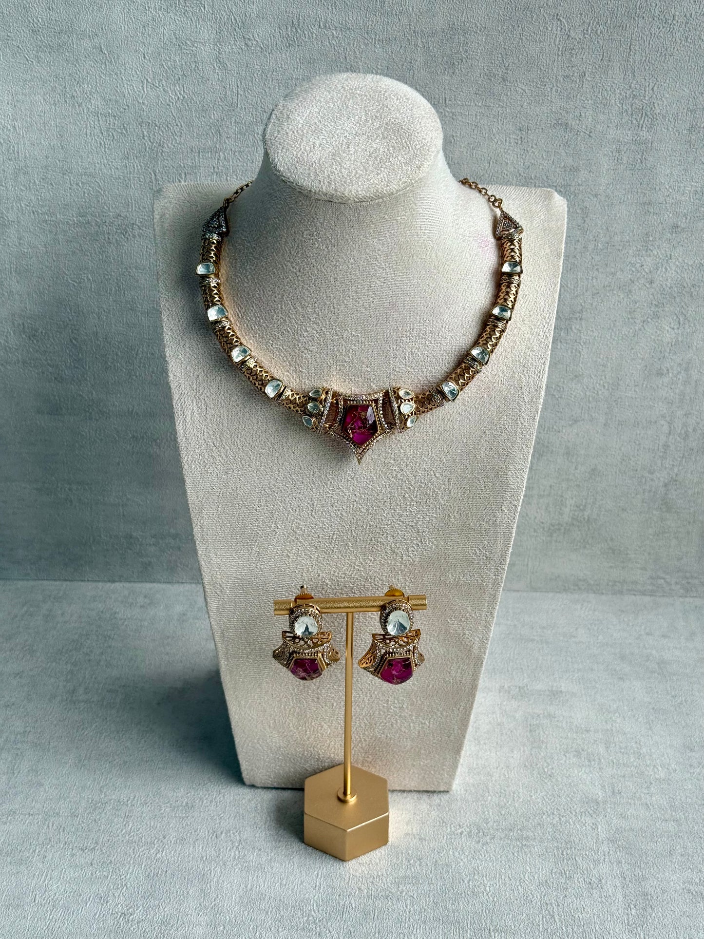 Ayura Designs Krupa Set – Necklace & Earrings with Magenta Stone featuring Natural Marbling, Mirror-Cut Kundan & Antique Gold Detailing