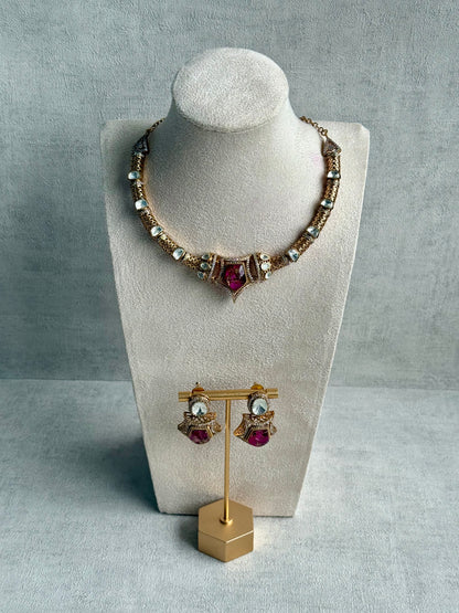 Ayura Designs Krupa Set – Necklace & Earrings with Magenta Stone featuring Natural Marbling, Mirror-Cut Kundan & Antique Gold Detailing