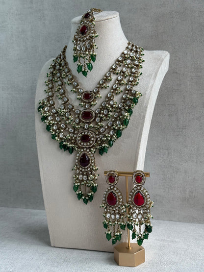 Ayura Designs Sahra Bridal Set with Earrings & Tikka – Ruby Red, Emerald Green, Kundan Stones & Pearls in Antique Gold Finish