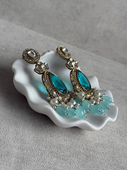 Ayura Designs Nageen Earrings – Antique Gold Jhumkis with Aqua Blue Stones, Mirror-Cut Accents & Pearl Drops