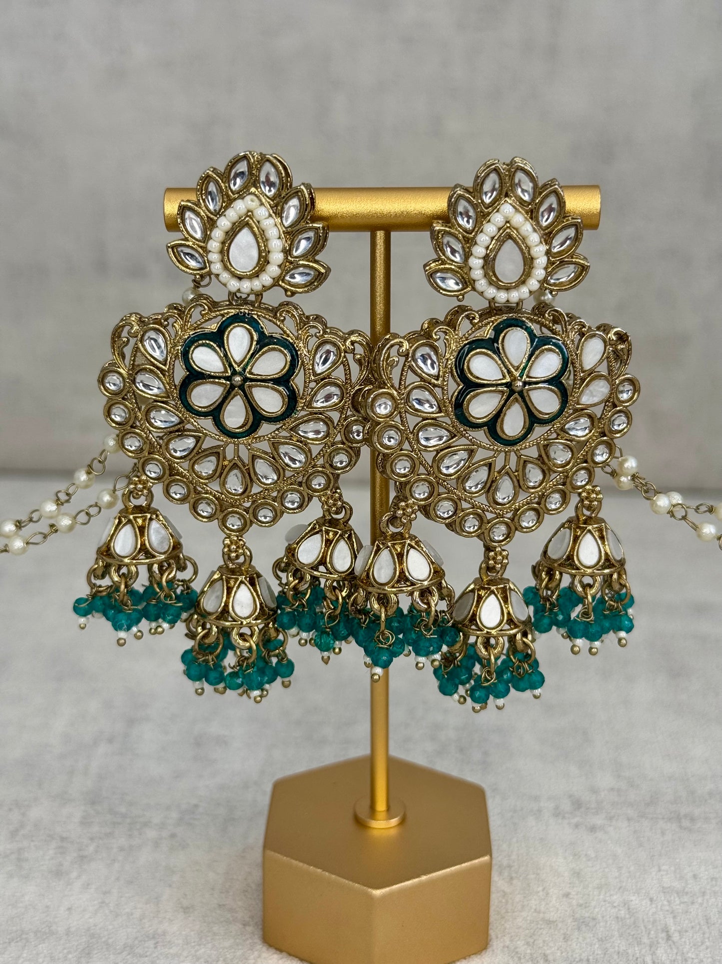 Ayura Designs Issa Earrings – Opulent Gold & Sahare Chandbali Jhumkas with Mint Green Enamel, Polki Kundan & Pearl Elegance