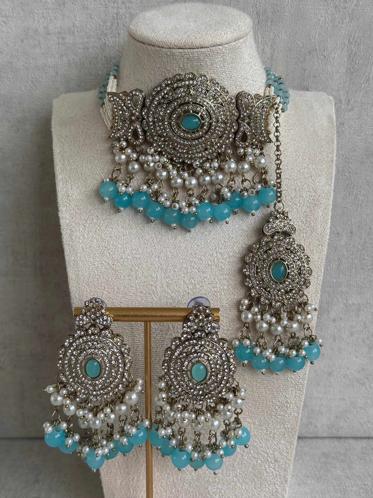 Ayura Designs Zoraiz Choker Set with Earrings & Tikka – Aqua Blue Beads, Pearls & Antique Silver Finish
