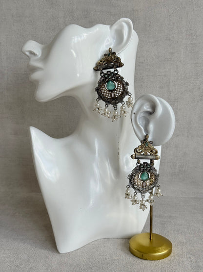 Ayura Designs Haya Earrings – Oxidised Statement Earrings with Aqua & Blush Stone Detailing