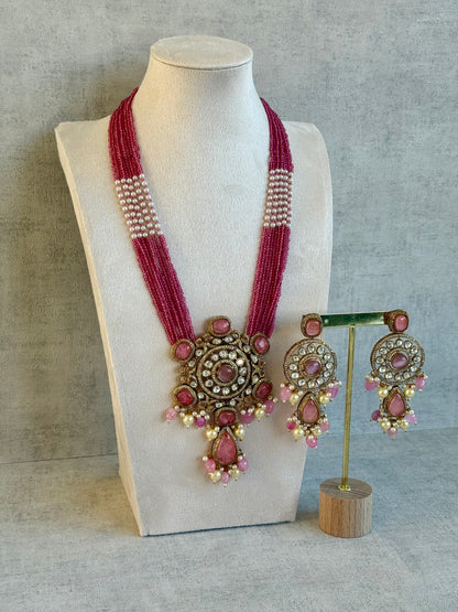 Ayura Designs Julia Set – Kundan Necklace & Earrings with Rose Pink Stones, Pearls & Crystal Detailing